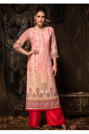 Pink Color Designer Georgette Straight Cut Kurti